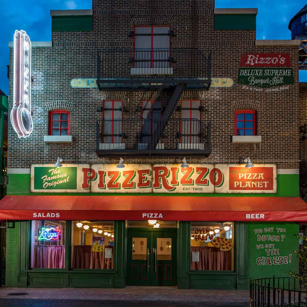 Landscape view of the Pizzerizzo restaurant at Hollywood Studios.