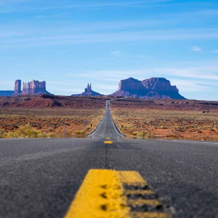 Landscape view of the road driving toward Monument Valley.