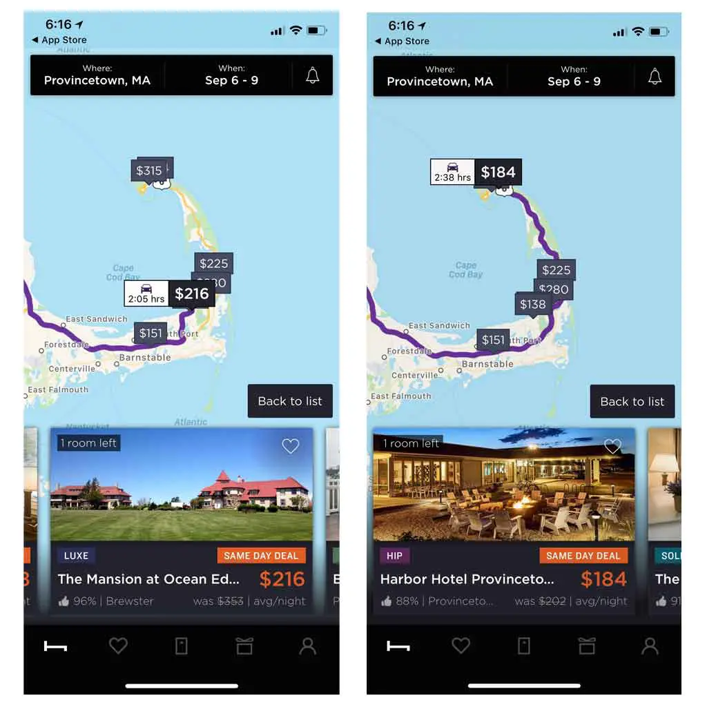 Photo collage with 2 screenshots from the Last Minute Hotel app showing hotels available in Provincetown, MA.