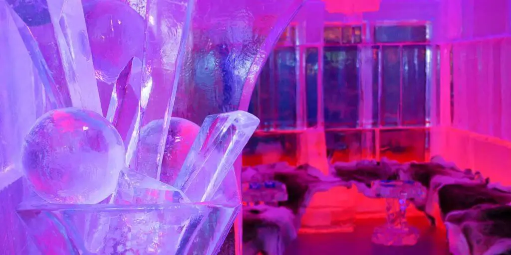 Closeup of a lounge area made out of ice.