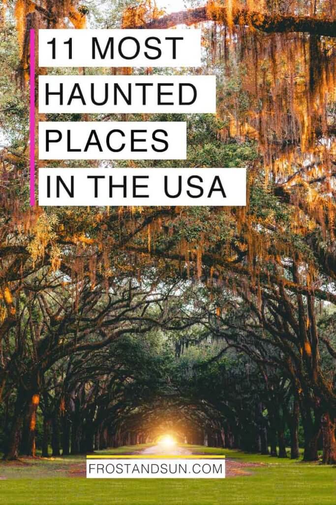Landscape view of a road with arching, mossy trees that form a tunnel over the road. Overlying text reads "11 Most Haunted Places in the USA."