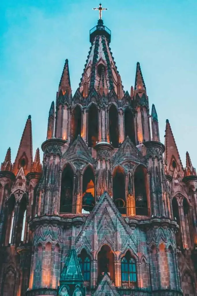 Closeup view of an ornate church or temple.