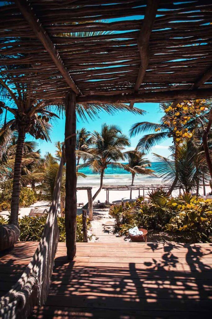 View of a beach and palm trees from underneath a shaded porch built from locally sourced materials.