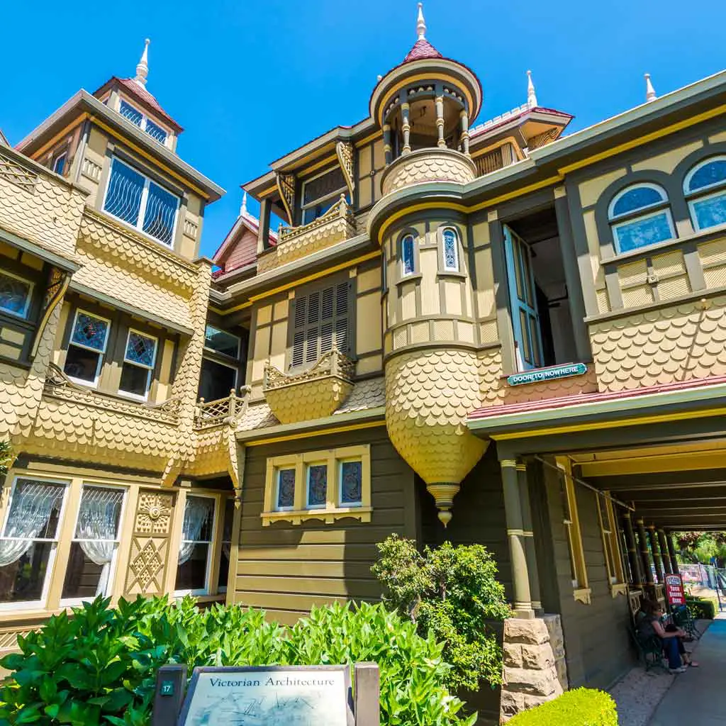 Detailed view of a corner of the Winchester Mystery House.