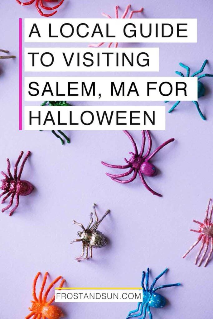 Flat lay photo of colorful toy spiders artfully arranged atop a light purple surface. Overlying text reads "A Local Guide to Visiting Salem, MA for Halloween."