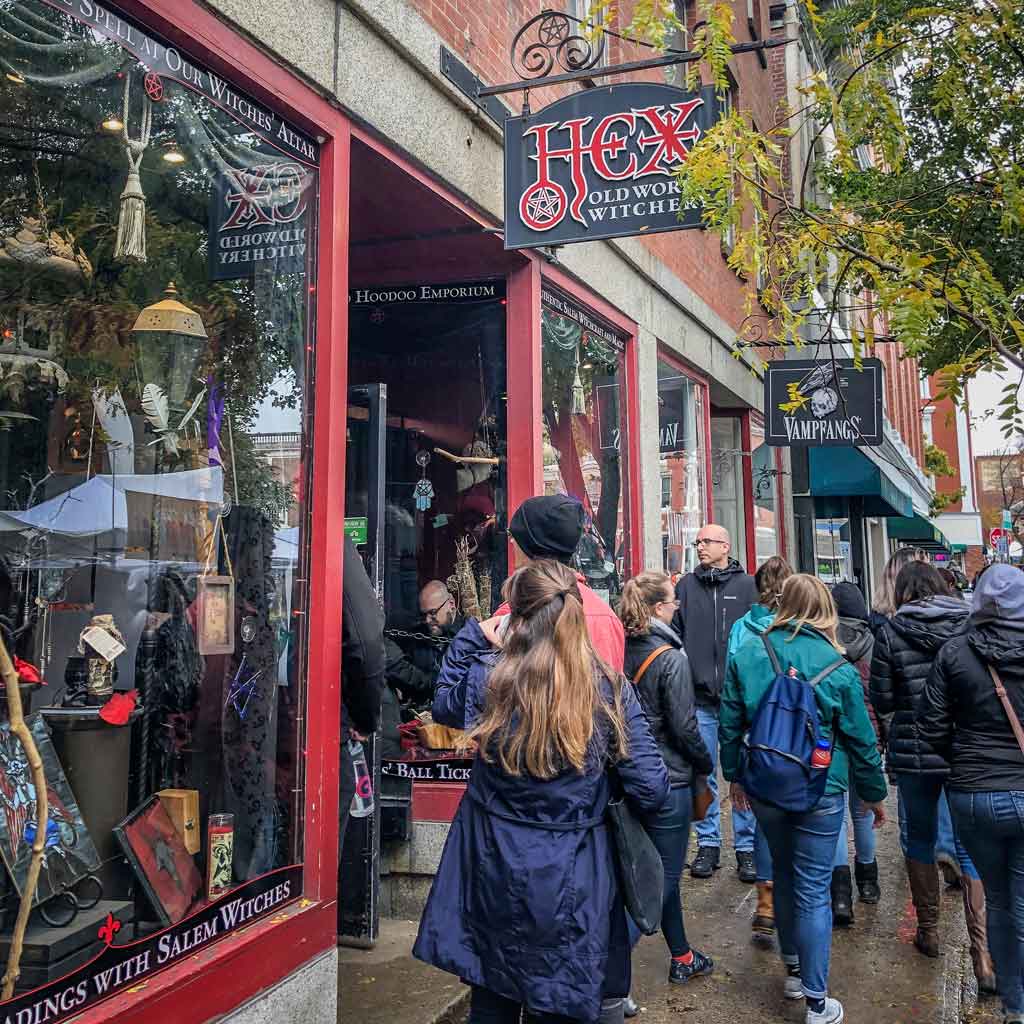 Photo outside the Hex Old World Witchery shop with a crowd of people outside.