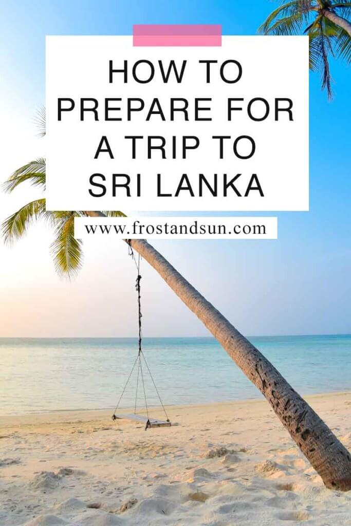 Photo of a swing hanging off of a coconut tree on a beach. Overlying text reads "How to Prepare for a Trip to Sri Lanka."