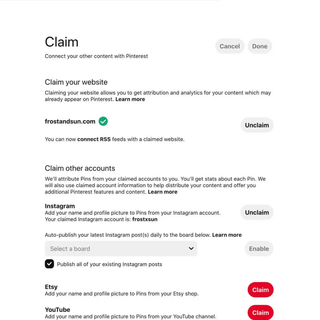 Screenshot of the Claim Website page on a Pinterest business account.