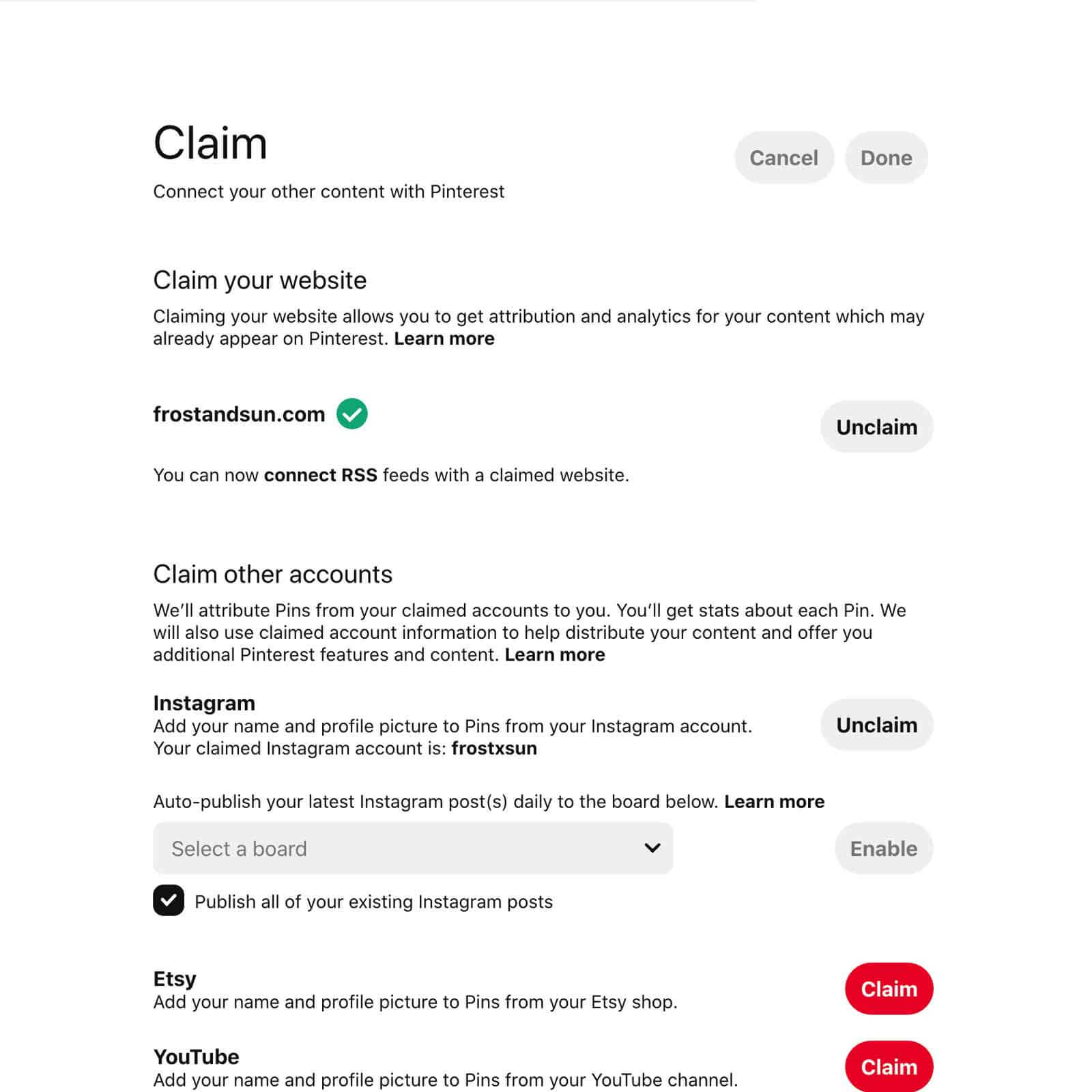 Screenshot of the Claim Website page on a Pinterest business account.