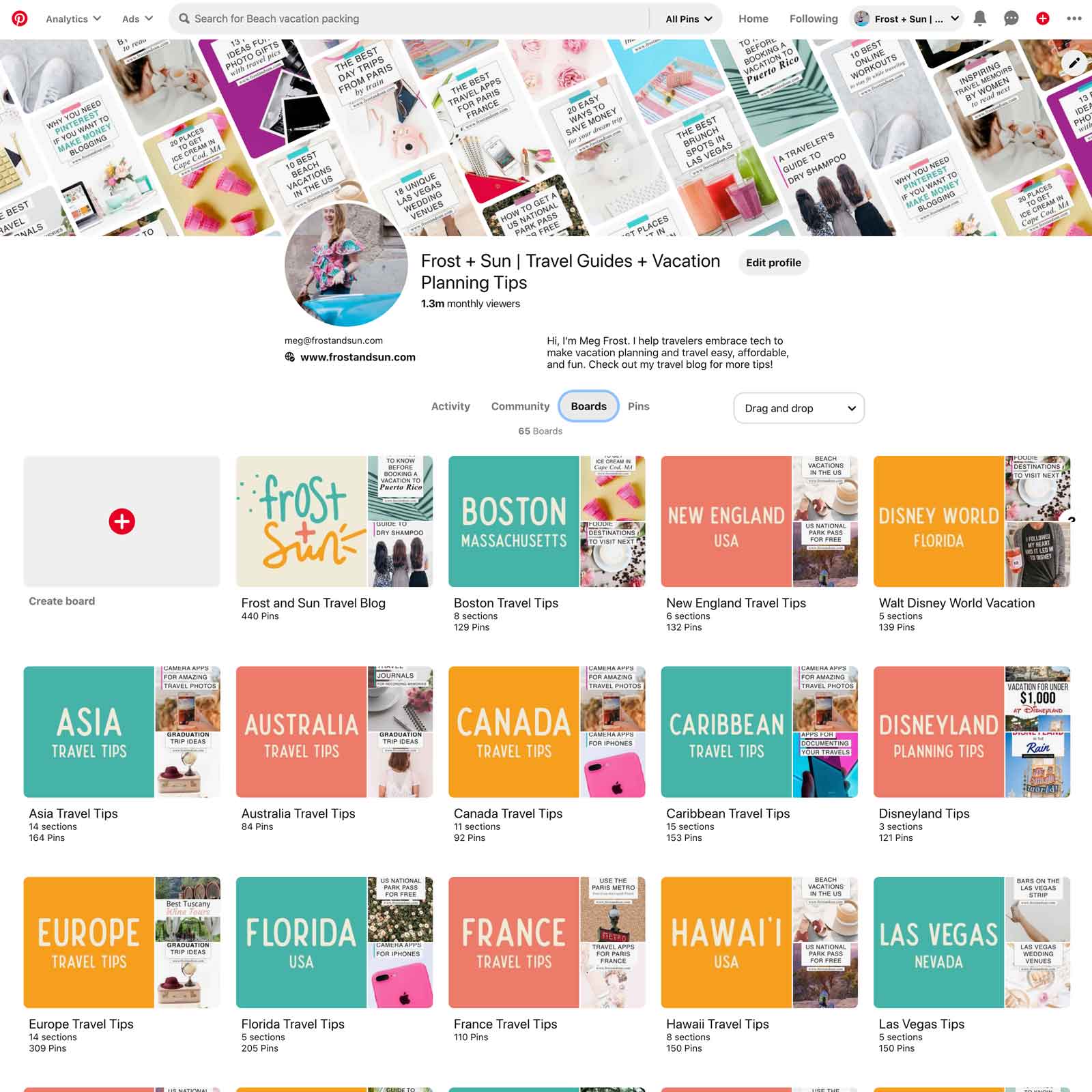 Screenshot of the Pinterest profile page for Frost + Sun.