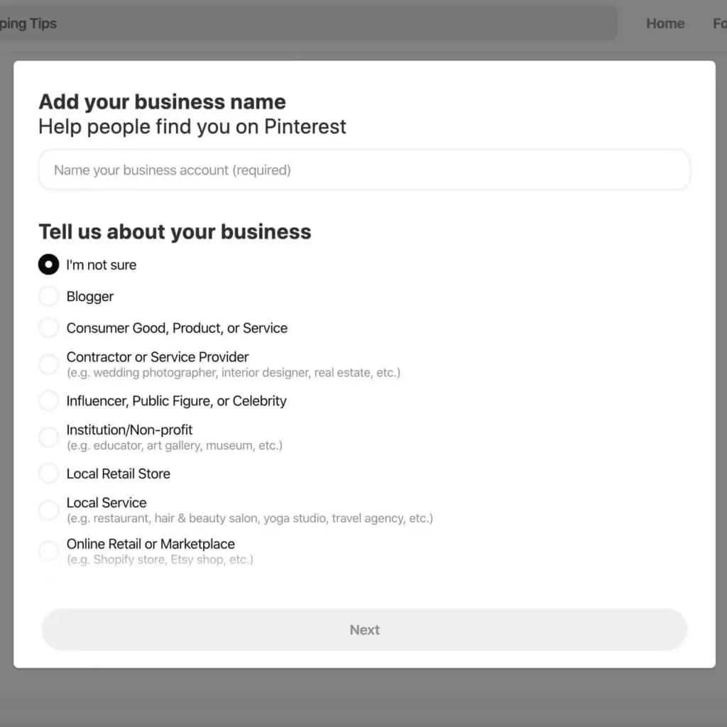 Screenshot of the Pinterest business account creation workflow.