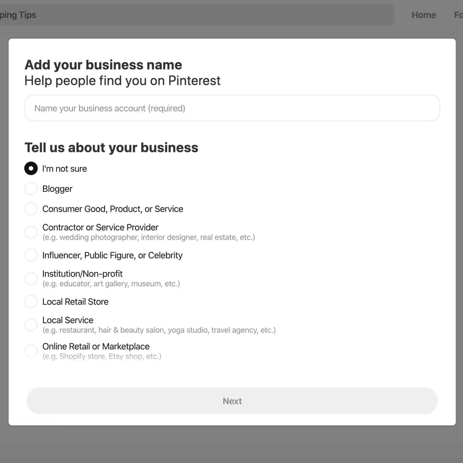 Screenshot of the Pinterest business account creation workflow.