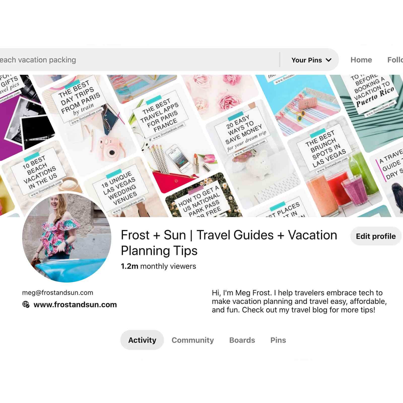 Screenshot of the Pinterest profile for Frost + Sun.