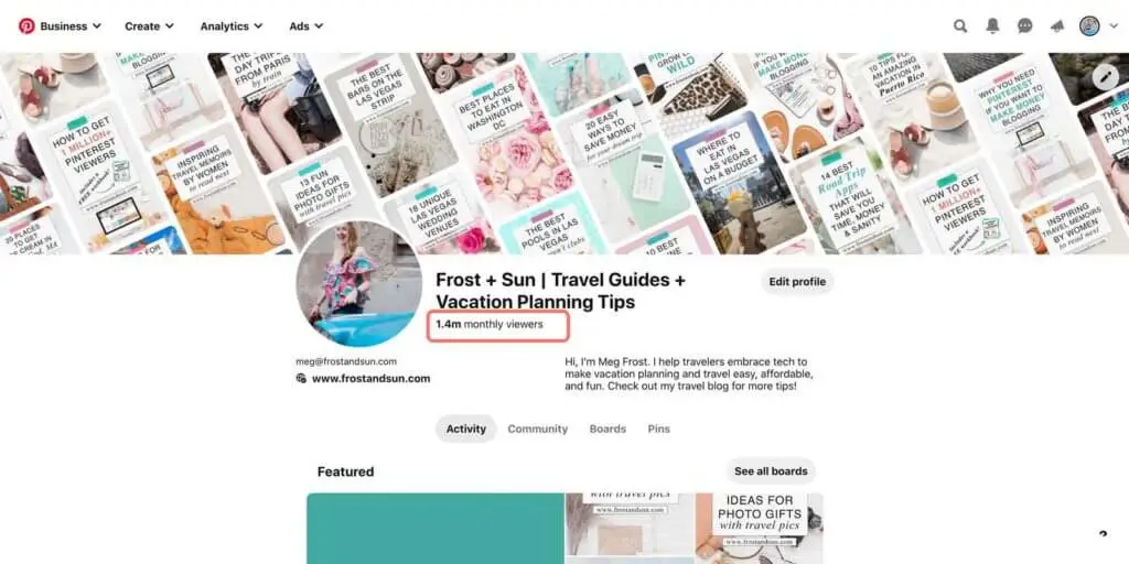 Screenshot of the Pinterest profile page for user frostxsun. A statistic that says "1.4 million monthly viewers" is circled.