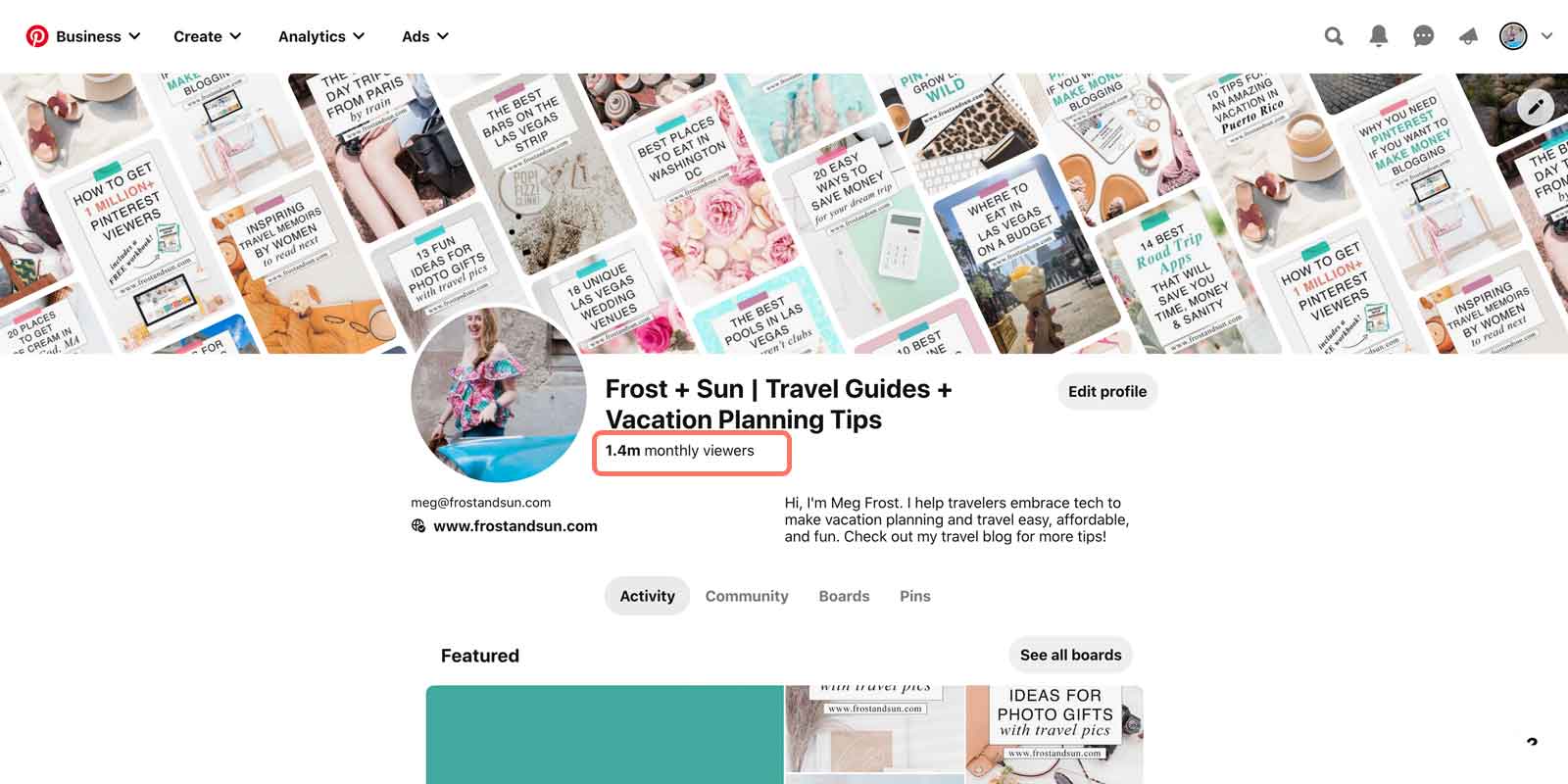 Screenshot of the Pinterest profile page for user frostxsun. A statistic that says "1.4 million monthly viewers" is circled.