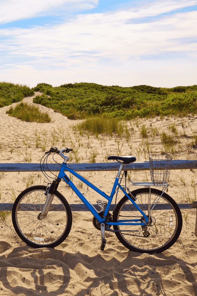 Closeup of a blue bike leaning on a rail near sand dunes.