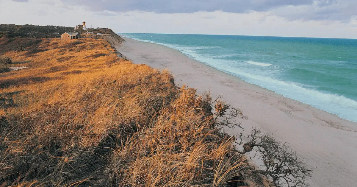 Landscape photo of a beach and sand dunes with a lighthouse in the far distance.