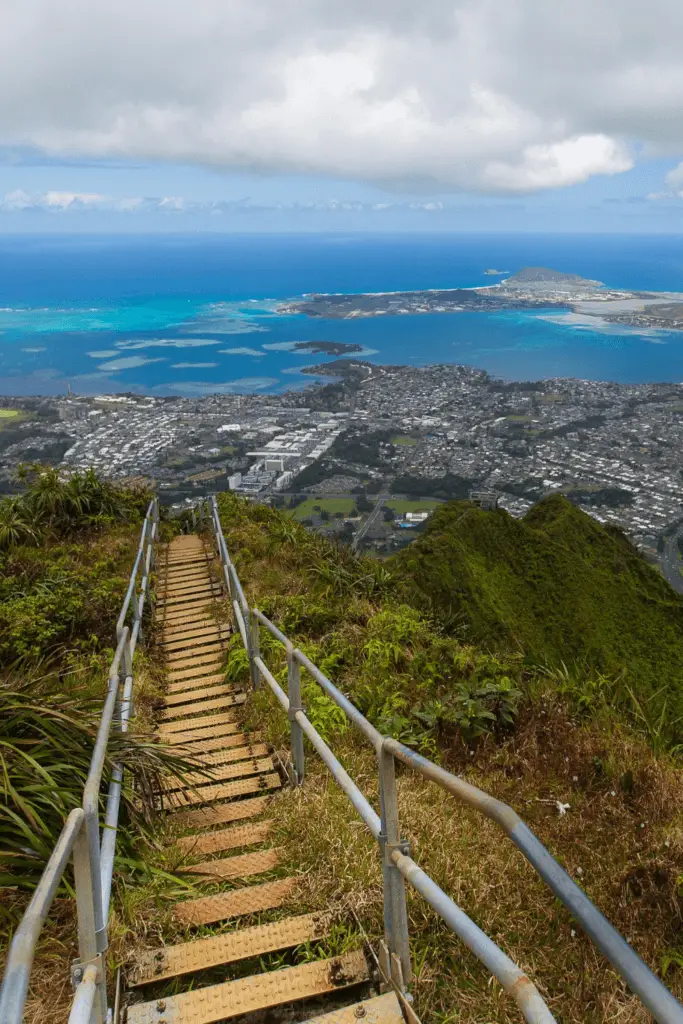 View down the Haiku Stairs over the city of Honolulu in Oahu, Hawaii.