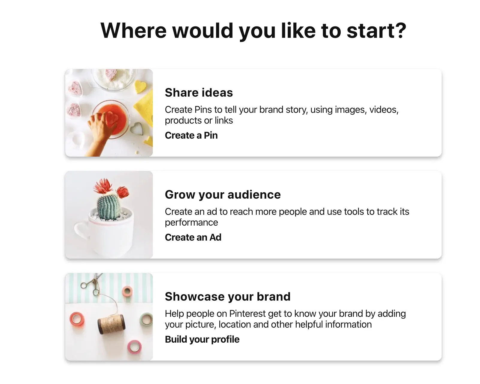 Screenshot of Pinterest's onboarding screen for new business accounts.