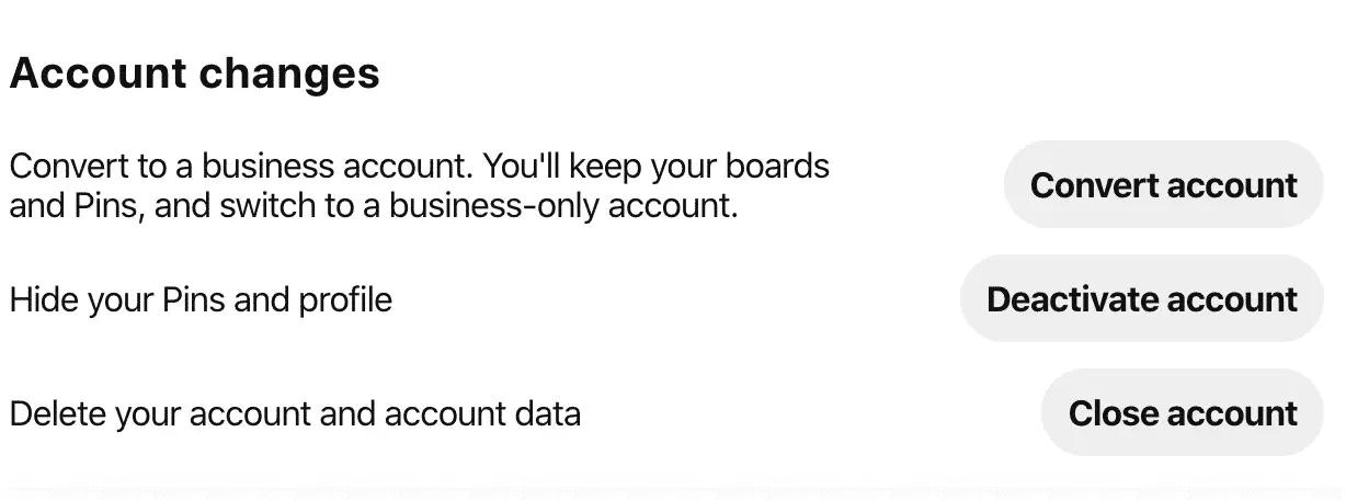 Screenshot of Pinterest settings for account changes.