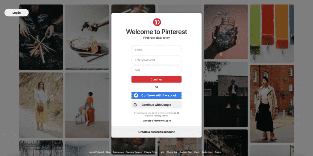 Screenshot of Pinterest homepage for new users