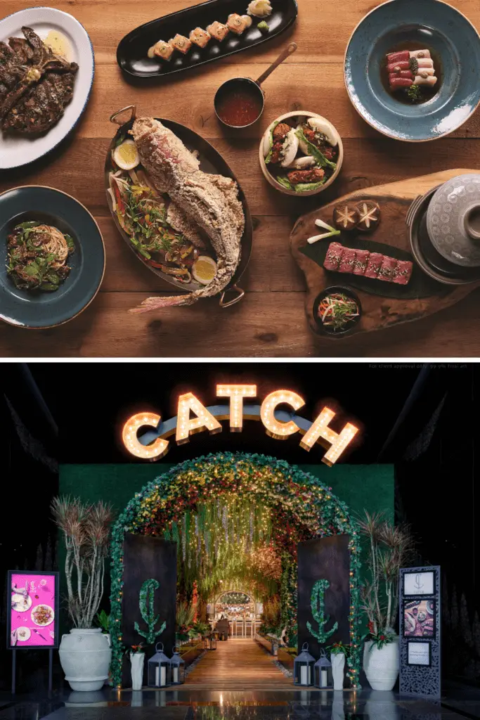Photo collage with a flatlay photo of various seafood dishes and a photo of the entrance to Catch at Aria Las Vegas.