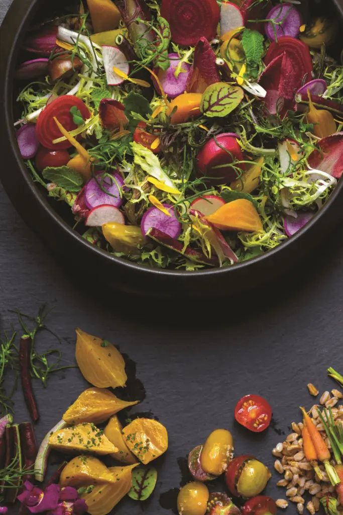 Closeup of a colorful salad filled with radishes, yellow peppers, tomatoes, and greens.