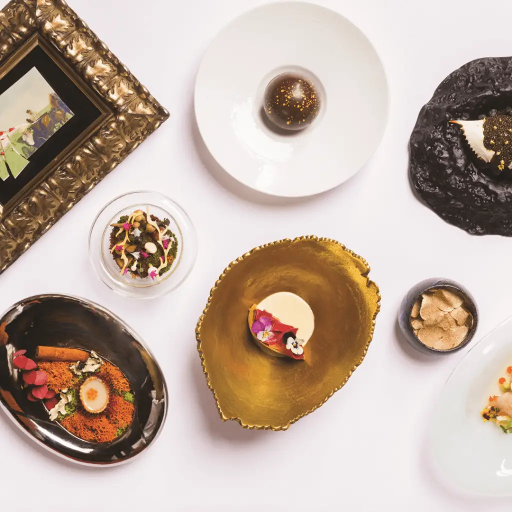 Flat lay photo of fancy dishes at Le Cirque at Bellagio