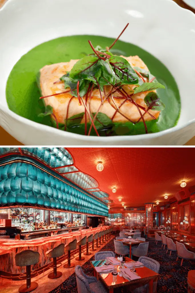 Photo collage with a photo of a seafood dish on top and a landscape view of the Mayfair Supper Club at Bellagio.