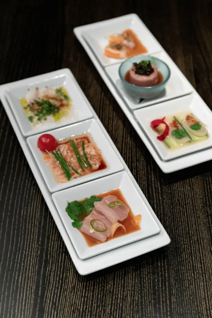 Closeup of sushi and sashimi from Nobu Restaurant in Las Vegas.
