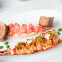 Closeup of steak and lobster from Restaurant Guy Savoy in Las Vegas.