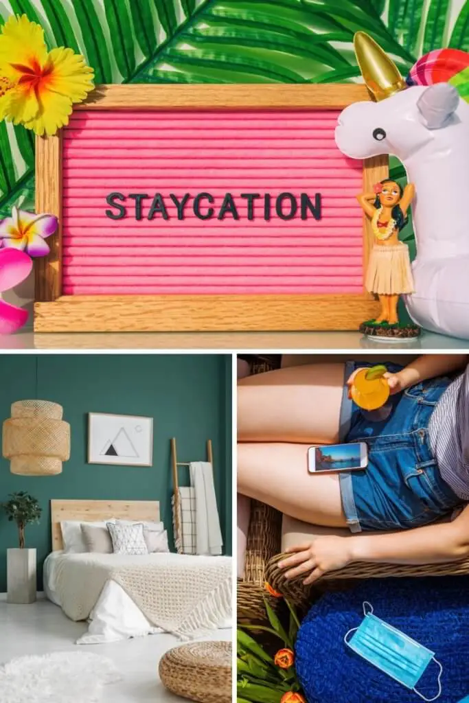 Photo collage with a bohemian bedroom, closeup of a woman lounging on home patio furniture, and a letter board that says "Staycation," set amongst a tropical theme.
