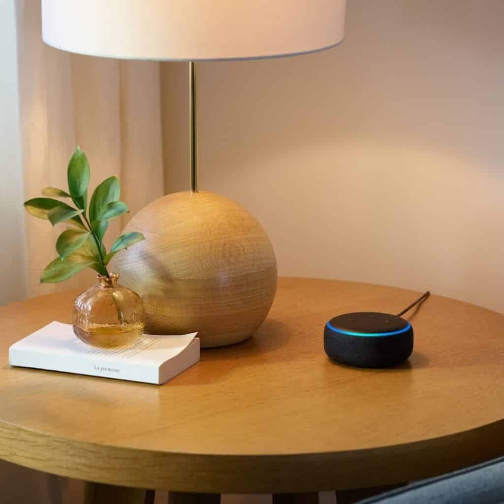 Photo of a side table with a lamp, small vase, and a black Amazon Echo Dot.