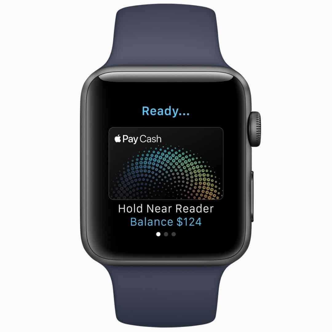 Navy blue smart watch with pay-on-the-go open on the screen.