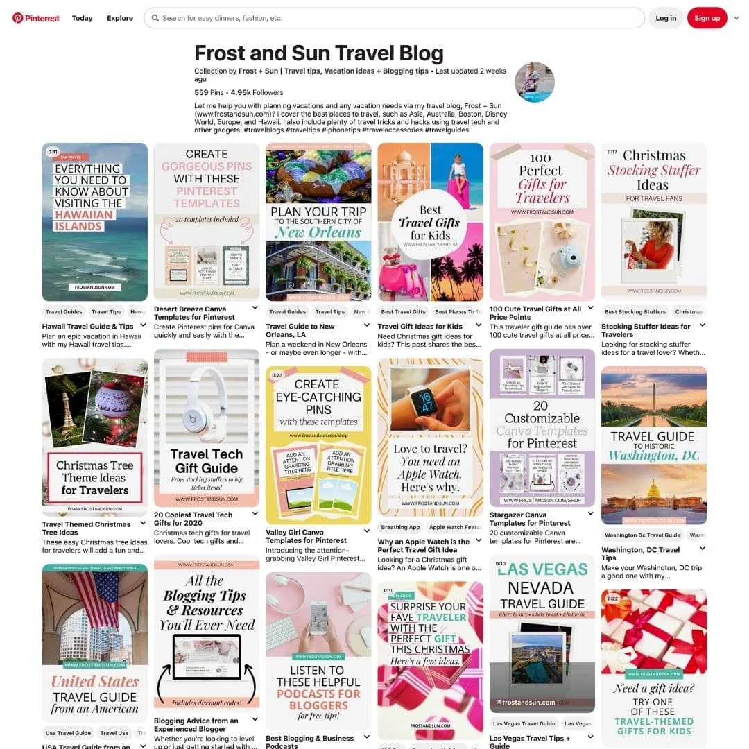 Screenshot of the Frost + Sun Travel Blog Pinterest board