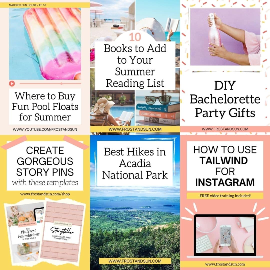 Screenshot of 6 examples of pins using the Frost + Sun Canva templates for Pinterest.