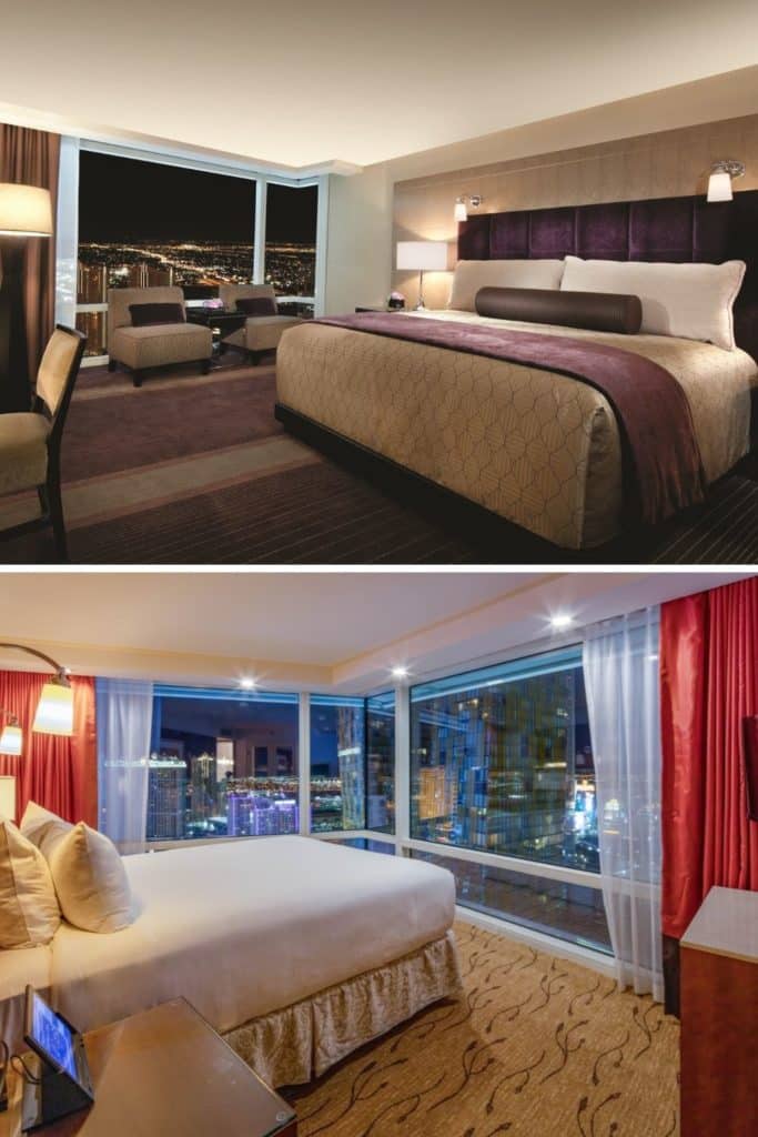 Collage of 2 photos showing a room and a corner suite at Aria Resort and Casino.