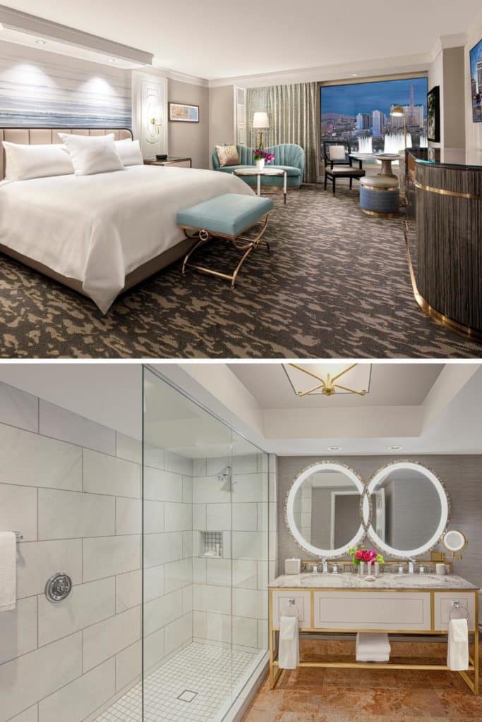 Collage with a closeup of the newly refurbished King rooms at the Bellagio in Vegas on top and a renovated bathroom on the bottom.