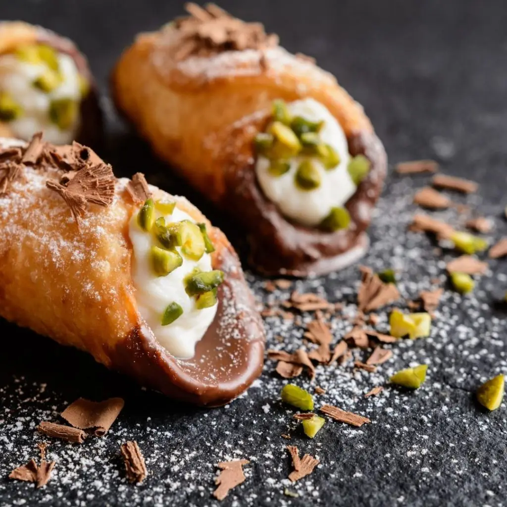Closeup of cannoli with chocolate shaving an pistachio crumbs.
