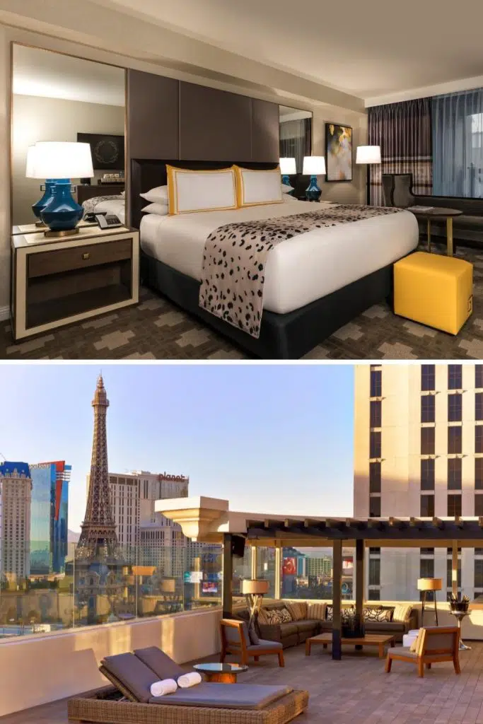 Collage with 2 photos stacked vertically. The top photo is a closeup of a room at Caesars Palace in Vegas and the bottom photo is of a terrace from a Nobu Tower suite.