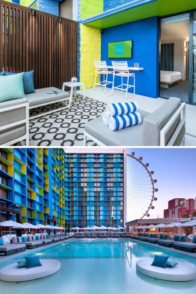 Gride with a photo of the terrace at a pool suite room on top and a photo of the pool area at LINQ Hotel in Las Vegas on the bottom.