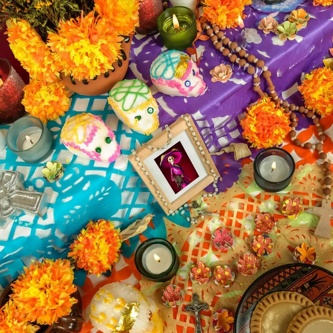 Closeup of a colorful Mexican altar for Día de los Muertos, aka Day of the Dead.
