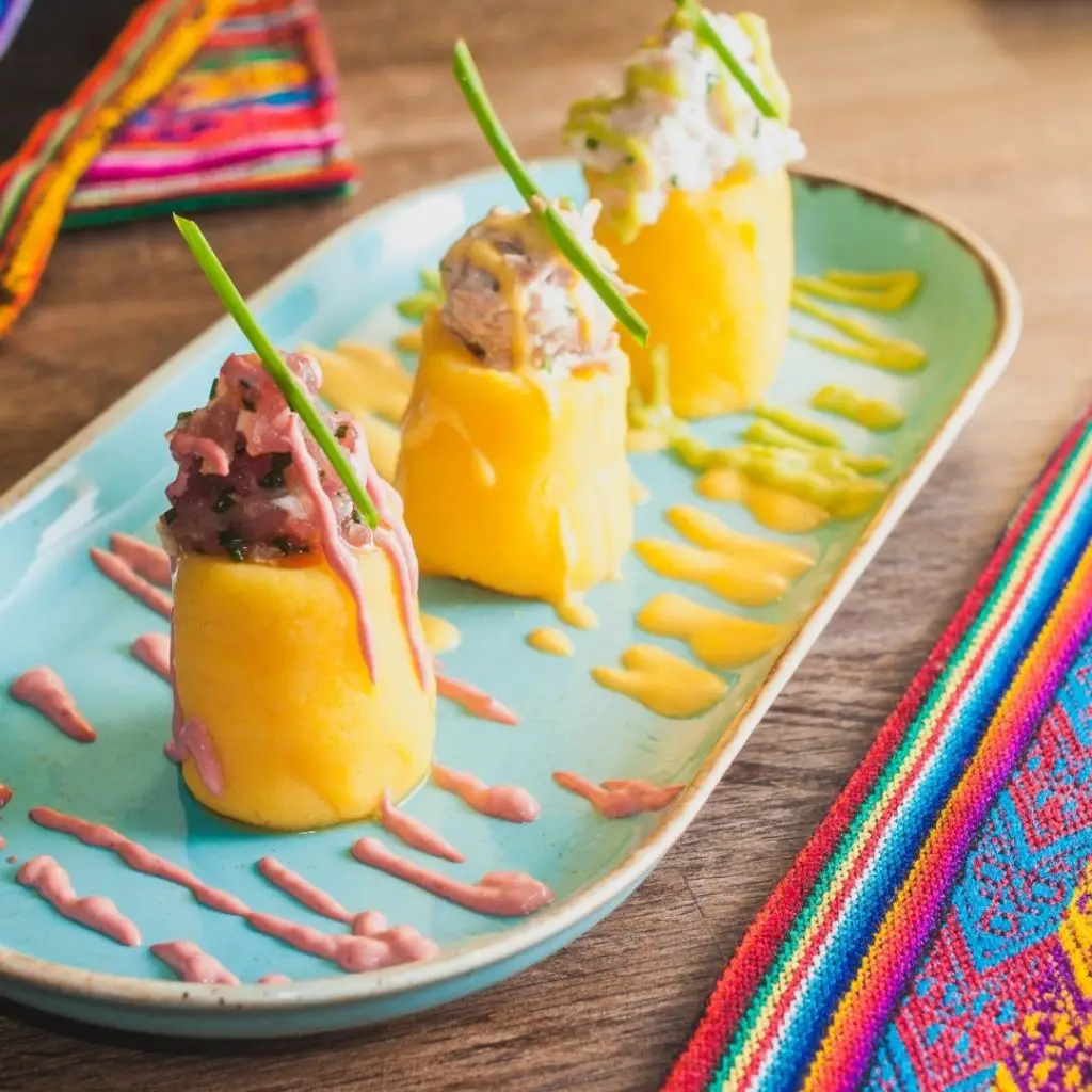 Closeup of a traditional Peruvian dish, Causa.