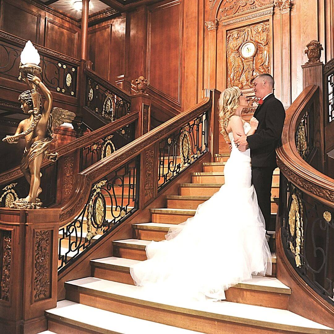 Photo of a bride and groom at the Luxor Titanic exhibit.