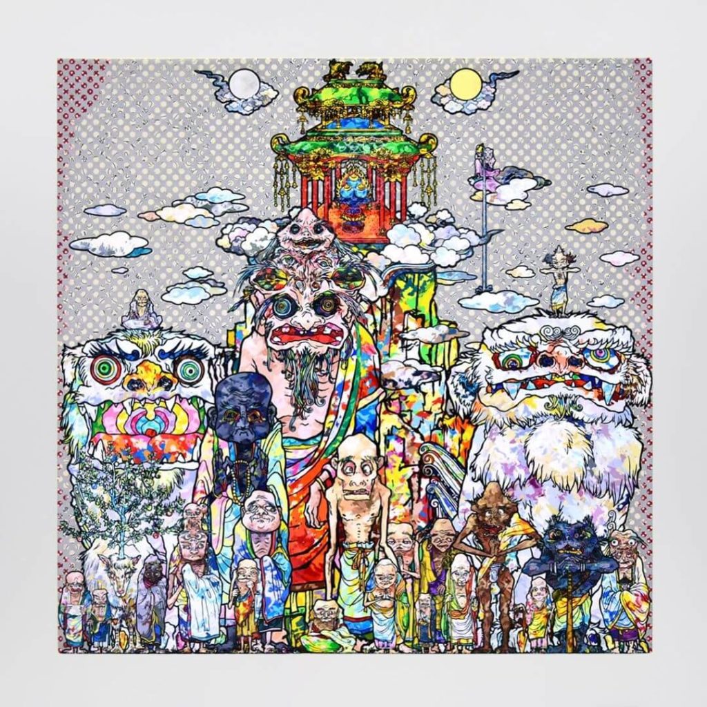 Takashi Murakami, Photo of Dragon Shen Breathes Out a Pavilion, 2016, Acrylic, gold leaf, and platinum leaf on canvas mounted on aluminum.