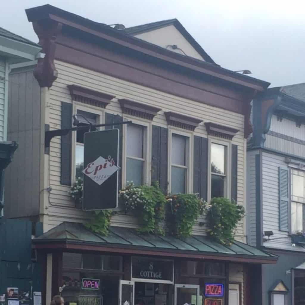 Closeup of the outside of Epi's Pizza and Subs in Bar Harbor, Maine.