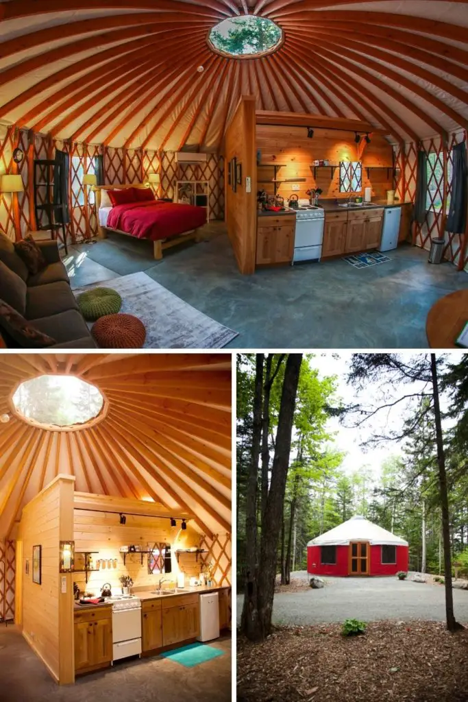 Photo collage with a horizontal photo of the interior of a yurt on the top and 2 vertical photos on the bottom: (L) Closeup of the kitchen inside a yurt & (R) Photo of the exterior of a red yurt in a wooded campsite.
