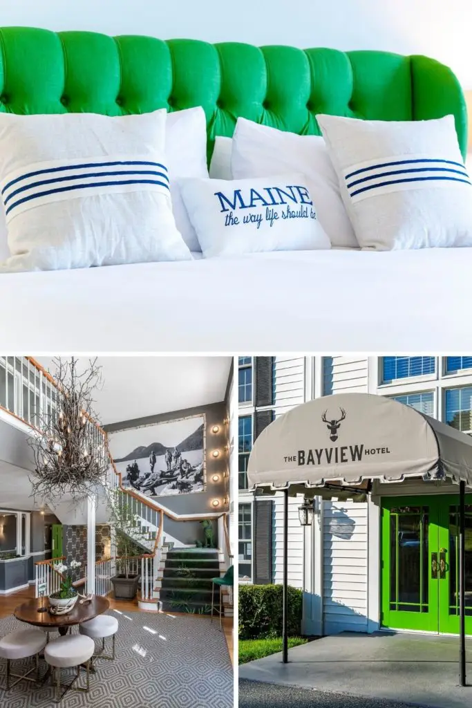 Graphic with closeup of a guest bed with white linens with 2 vertical photos below: (L) View of the Bayview Hotel interior lobby and (R) view of the entrance to the Bayview Hotel.