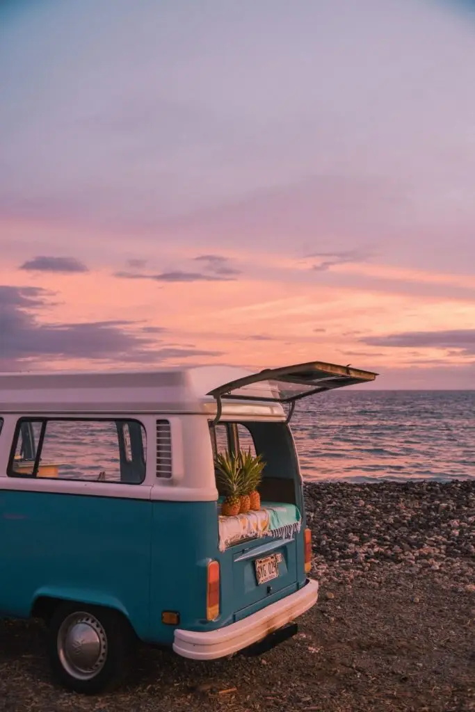 Photo of a vintage Volkswagon van parked on a rocky beach with pineapples sitting at the edge of the trunk.