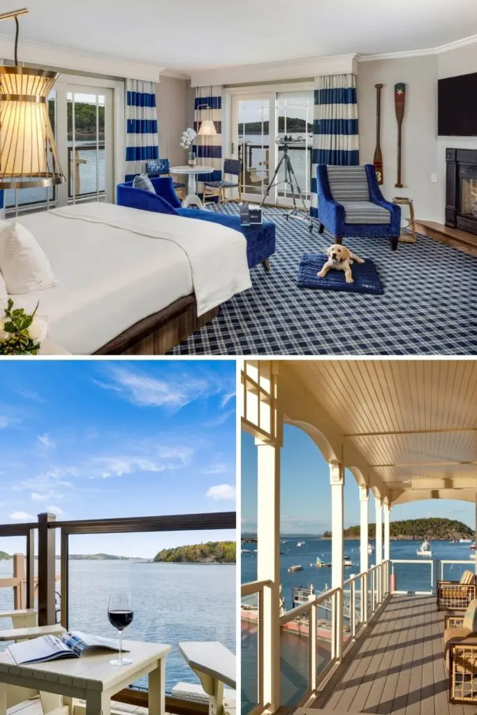Graphic with a horizontal photo of a nautical themed hotel room and 2 vertical photos below it: (L) photo from behind a chair and a table with a glass of wine with views of Frenchman Bay in the background and (R) photo of a balcony overlooking Frenchman Bay at the Harborside Hotel in Bar Harbor.